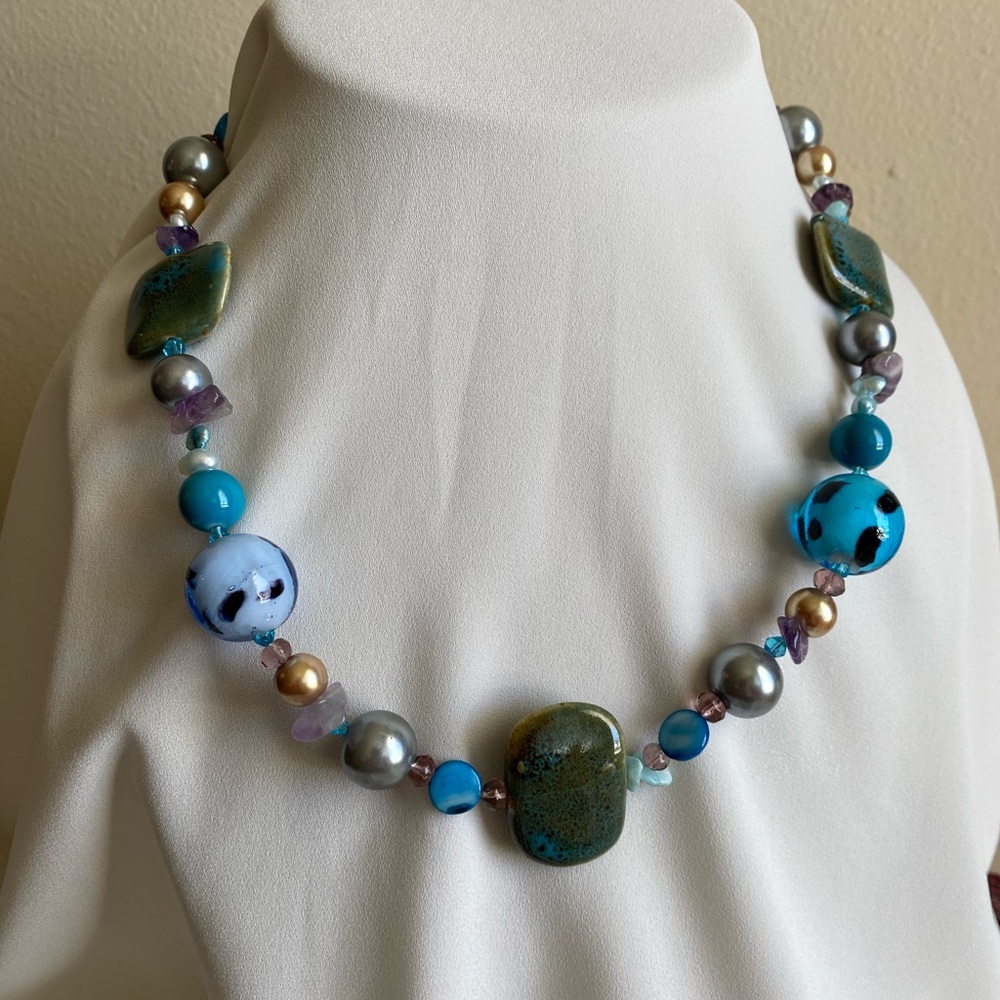 GORGEOUS glass bead and stone, turquoise colored 22” necklace